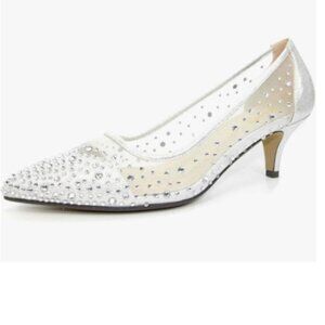 XYD Silver Pointed Toe Slip On Mesh Pumps Rhinestone Studs Kitten Heels Shoes